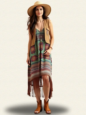 Fringed Hem dress with a cropped vest